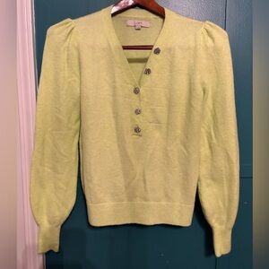 LOFT Women's Light Green V-Neck Sweater Puffed Shoulders Size Small